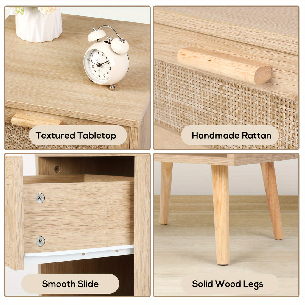 Rattan Nightstand, Natural Wood Bedside Table With 1 Drawer & Solid Wood Legs, Child-Safe Storage Night Stand For Kids Bedroom, Nursery & Playroom