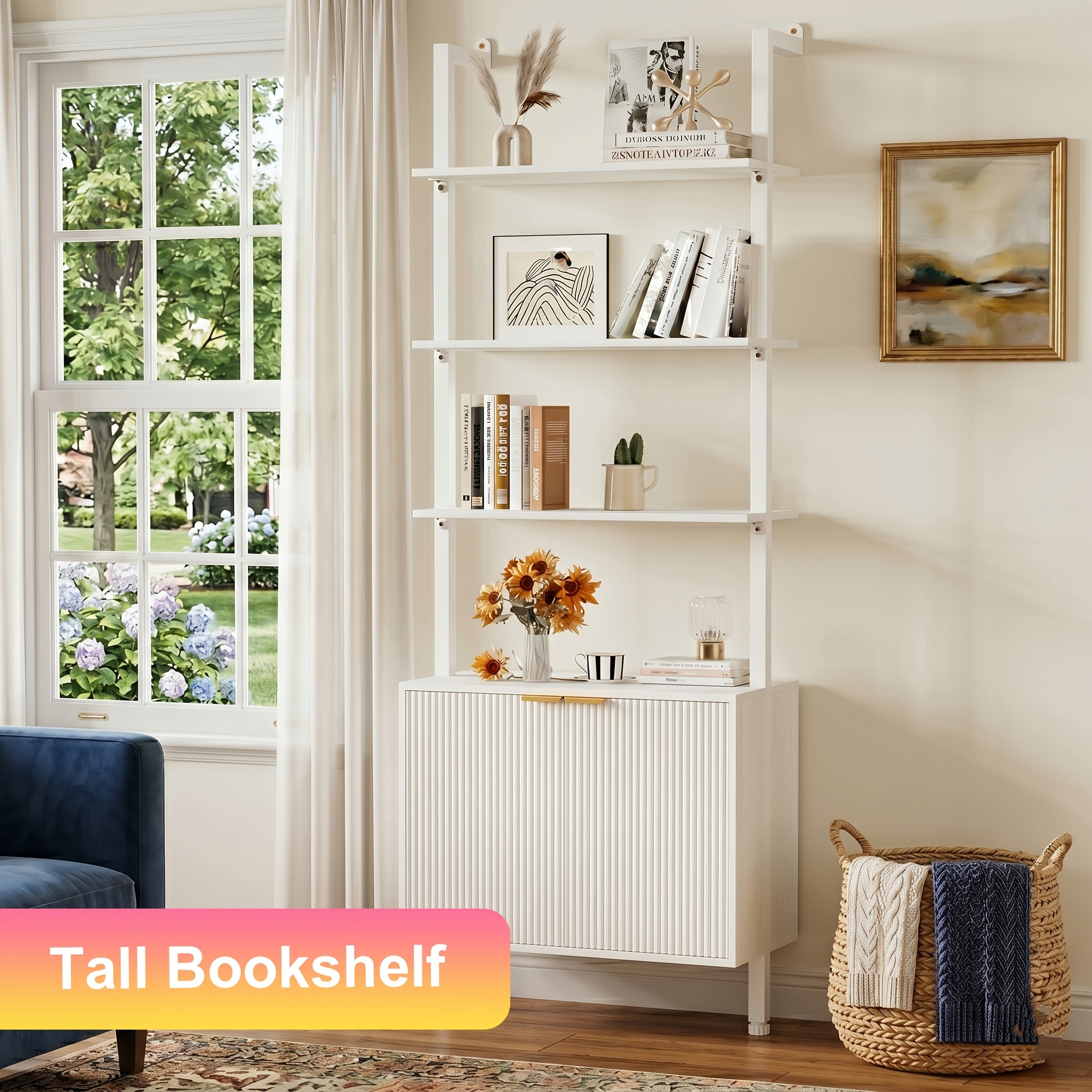 Freestanding Ladder Bookshelf with Doors, 74\