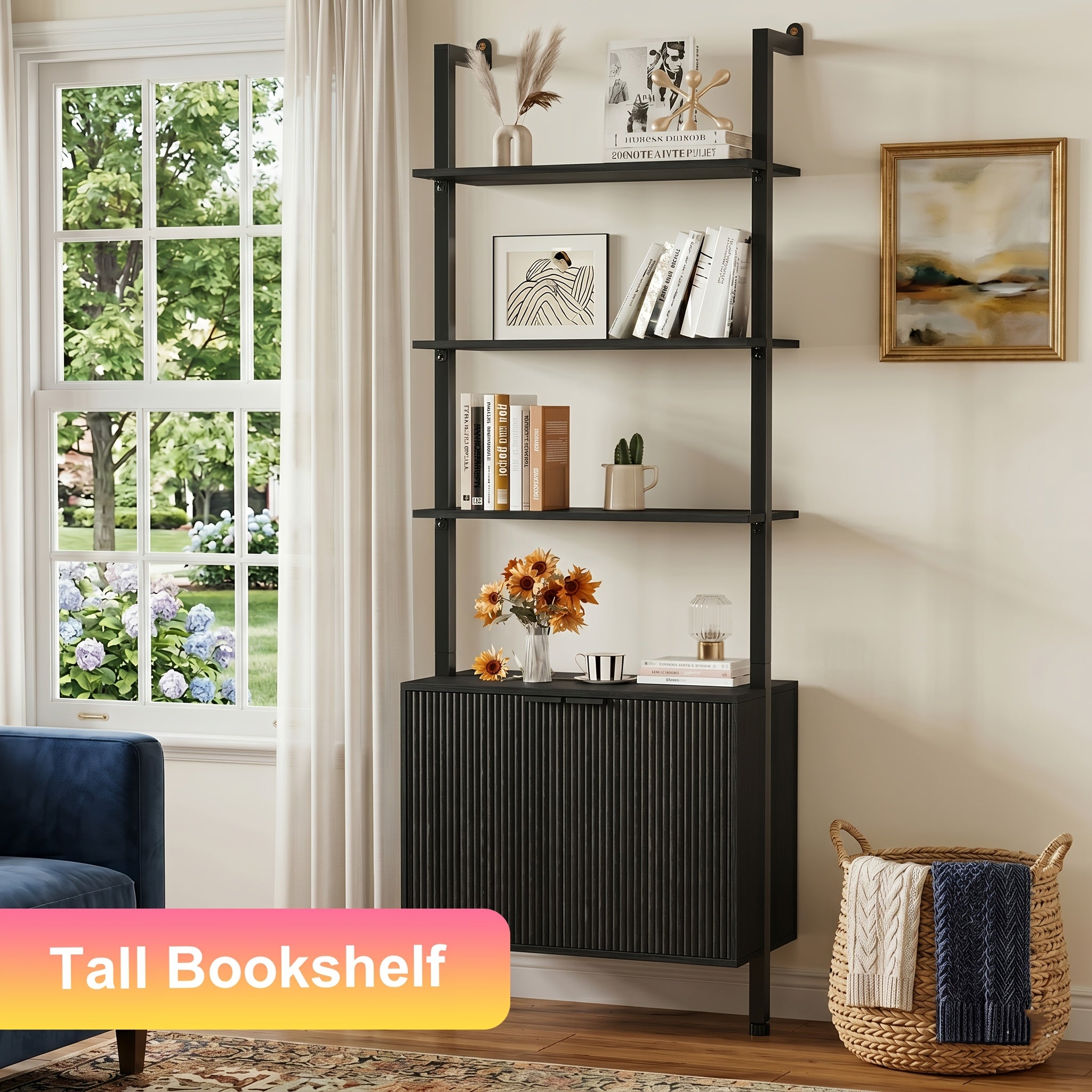 Freestanding Ladder Bookshelf with Doors, 74\