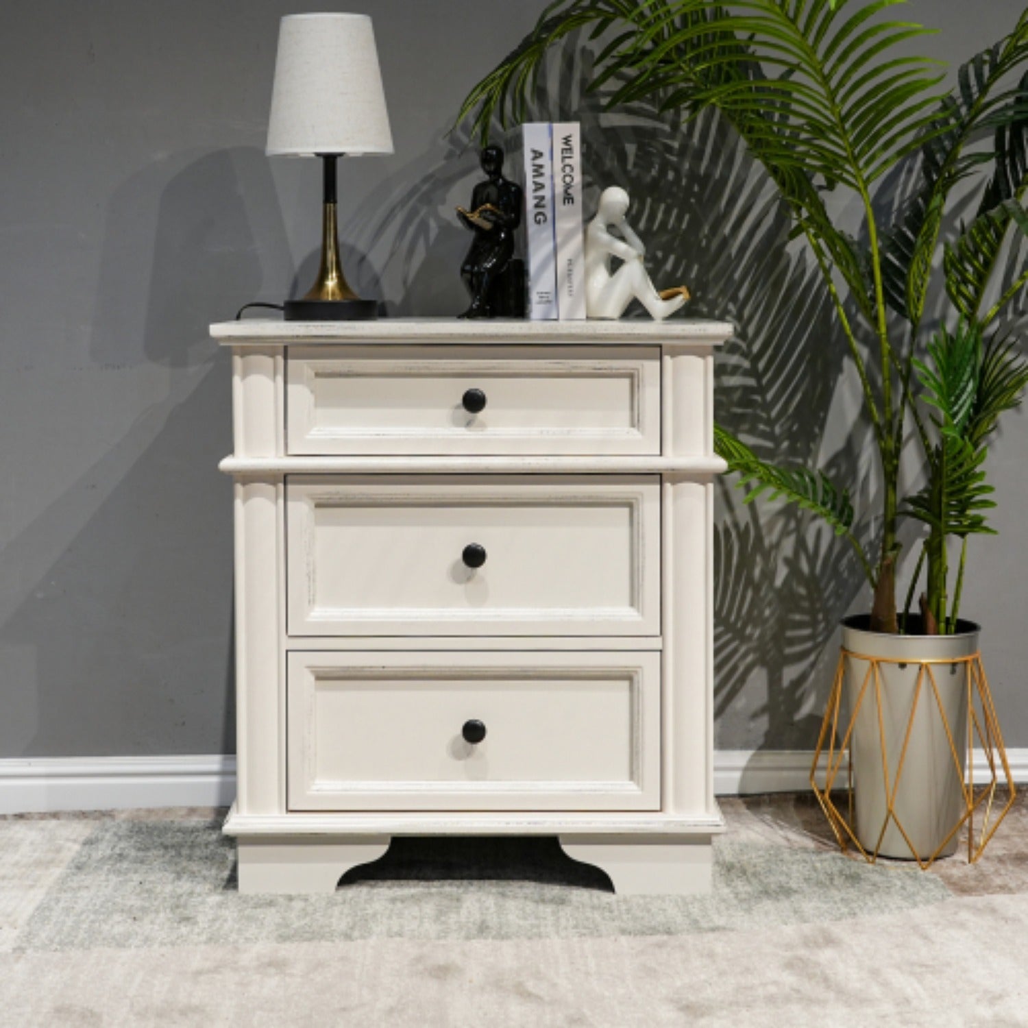 Nightstand End Table Side Table with 3 Drawers Bedside Table for Bedroom White