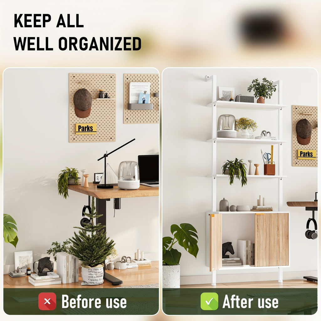 Freestanding Ladder Bookshelf with Doors, 74\