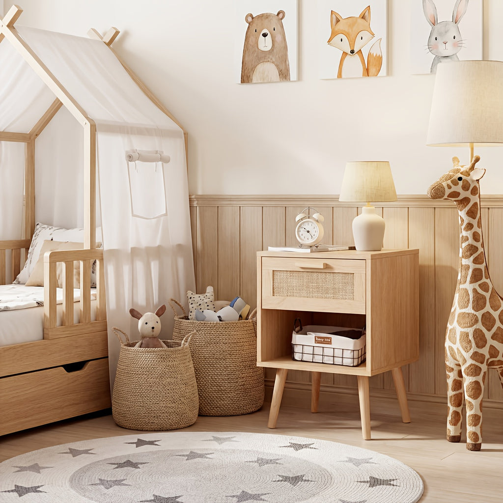 Rattan Nightstand, Natural Wood Bedside Table With 1 Drawer & Solid Wood Legs, Child-Safe Storage Night Stand For Kids Bedroom, Nursery & Playroom