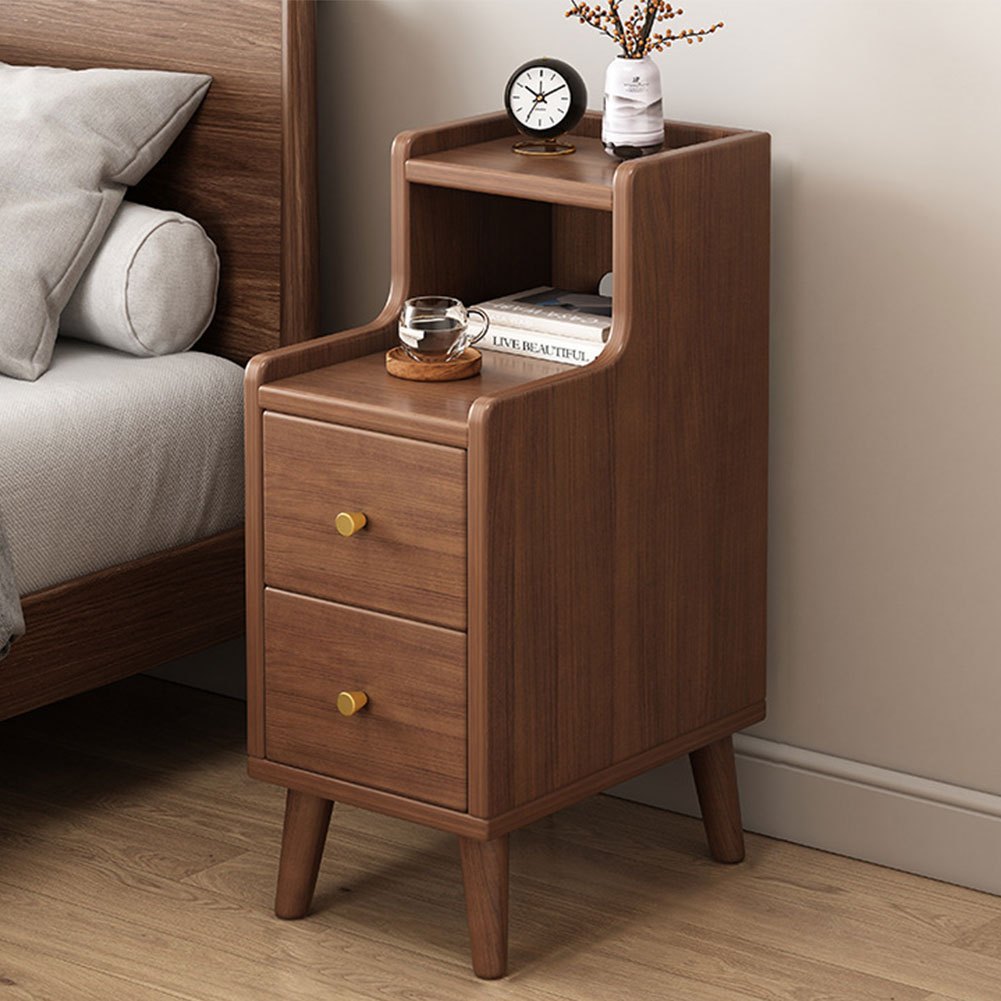 Ultra-Narrow Bedside Table with 2 Drawers | Modern Narrow Nightstand Bedside Storage Small Cabinet for Home Bedroom, Brown Hardwood, Space-Saving Design