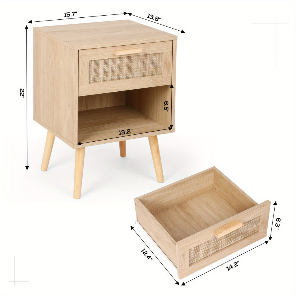 Rattan Nightstand, Natural Wood Bedside Table With 1 Drawer & Solid Wood Legs, Child-Safe Storage Night Stand For Kids Bedroom, Nursery & Playroom