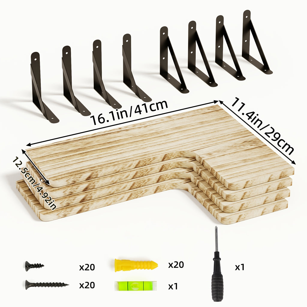 TOMNK 4pcs Wall Mounted Corner Floating Shelves Rustic Wood Plant Display Rack Heavy Duty Space Saving Wall Organizer Hanging Storage Shelf for Bedroom Bathroom Kitchen Living Room Office Home Decor Mother's Day Gift, Floating Shelves