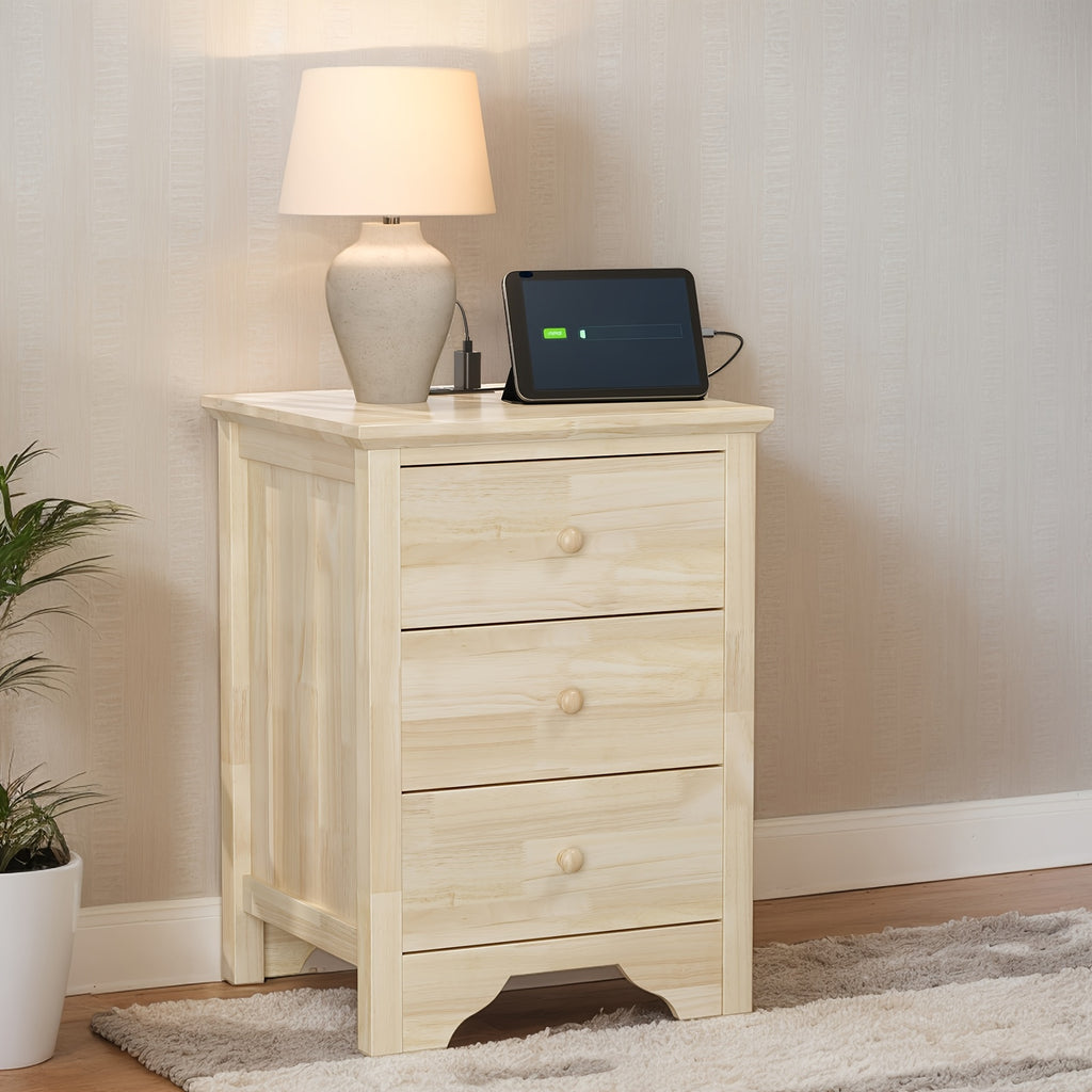 BONNLO Wooden Nightstand with 3 Drawers & Charging Station - DIY Hardwood Bedside Table for Bedroom, 27\