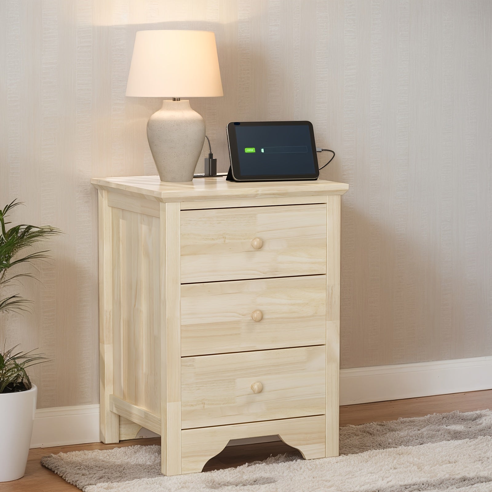 BONNLO Wooden Nightstand with 3 Drawers & Charging Station - DIY Hardwood Bedside Table for Bedroom, 27\