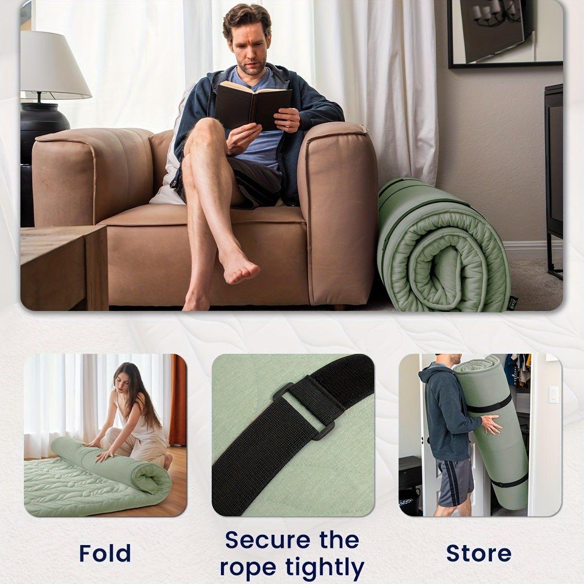 Zonli Japanese-Style Floor Futon Mattress in Twin Size, Featuring a Thick Roll-Up Tatami Mat with a Washable Cover Made of 100% Cotton. This Portable And Foldable Mattress Is Ideal for Sleeping, Suitable for Adults And Dormitories, in a Green Color