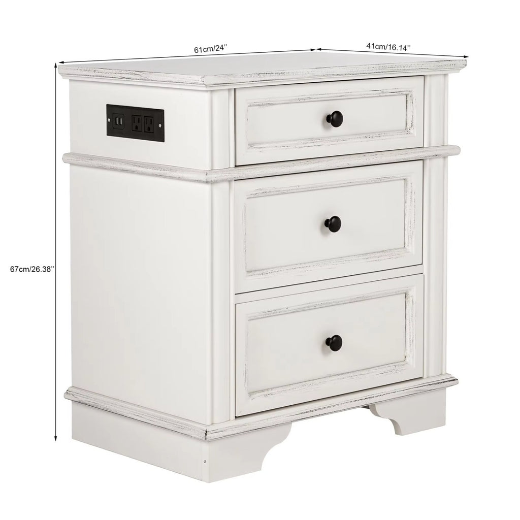Nightstand End Table Side Table with 3 Drawers Bedside Table for Bedroom White