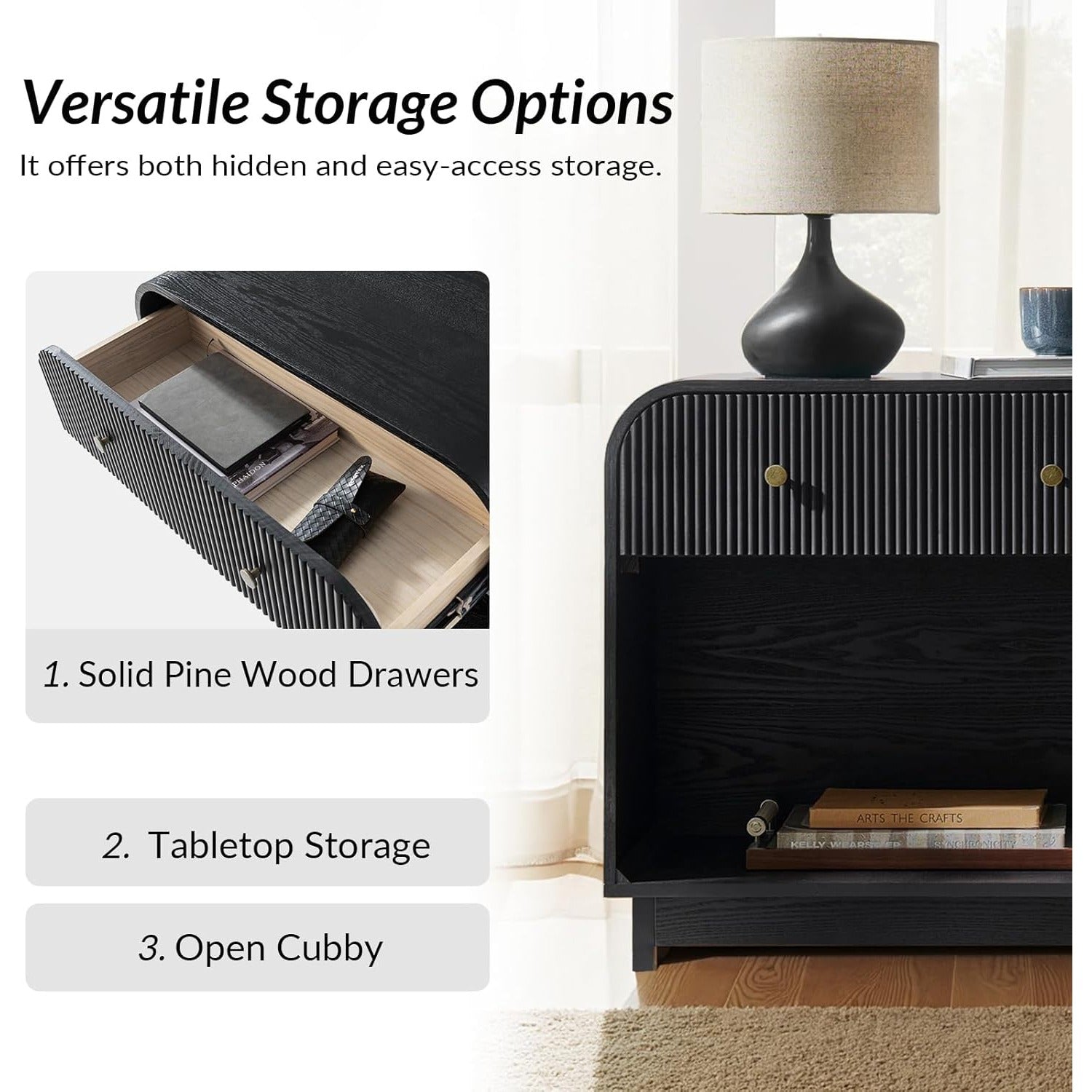 Fluted Storage End Table with Charging Station, Modern Wood Side Table with Open Storage Space, Large SideTable with Solid Wood Legs, Easy Assembly