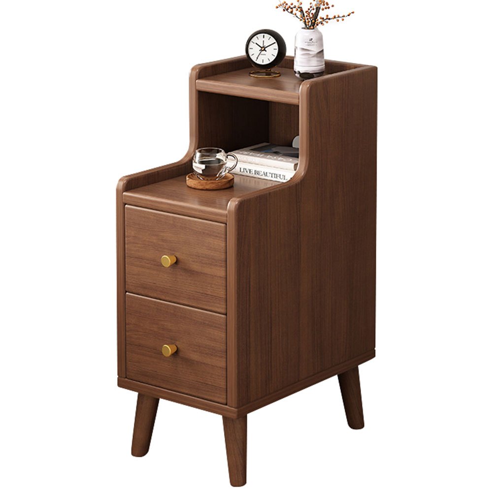 Ultra-Narrow Bedside Table with 2 Drawers | Modern Narrow Nightstand Bedside Storage Small Cabinet for Home Bedroom, Brown Hardwood, Space-Saving Design