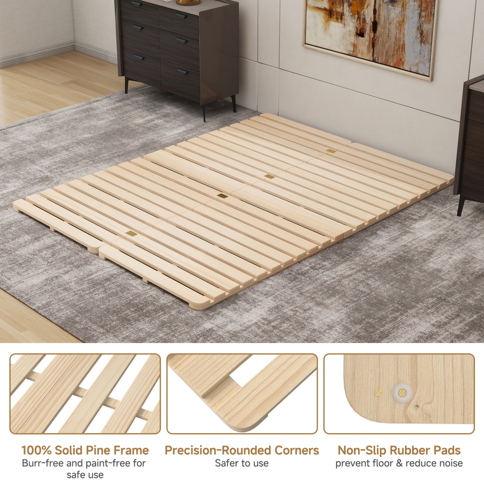 LILYPELLE Japanese Tatami Bed Frame, Foldable Wood Slatted Floor Bed For Futon Mattress, Twin Full Queen King Size