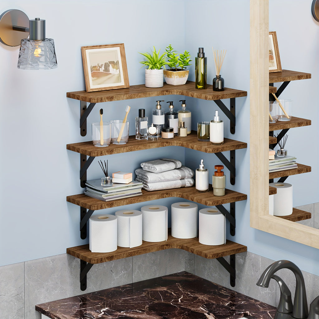 TOMNK 4pcs Wall Mounted Corner Floating Shelves Rustic Wood Plant Display Rack Heavy Duty Space Saving Wall Organizer Hanging Storage Shelf for Bedroom Bathroom Kitchen Living Room Office Home Decor Mother's Day Gift, Floating Shelves