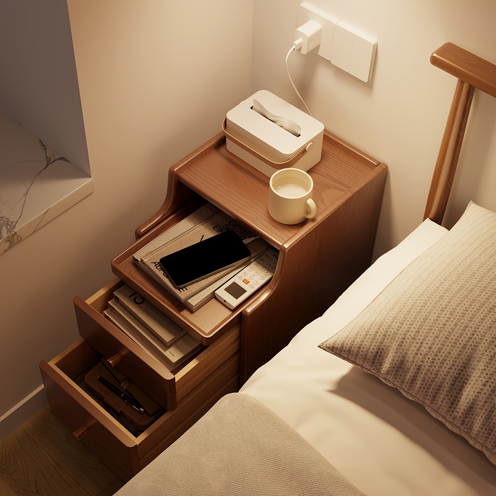Furniture, Bedroom and Living Room Furniture, 8\u002F12\u002F16 Inch Wide Ultra-Narrow Small Solid Wood Nightstand, Walnut Bedside Table, Space-Saving Design, Suitable for Bedroom, Christmas Gift Black Friday Item Free Shipping