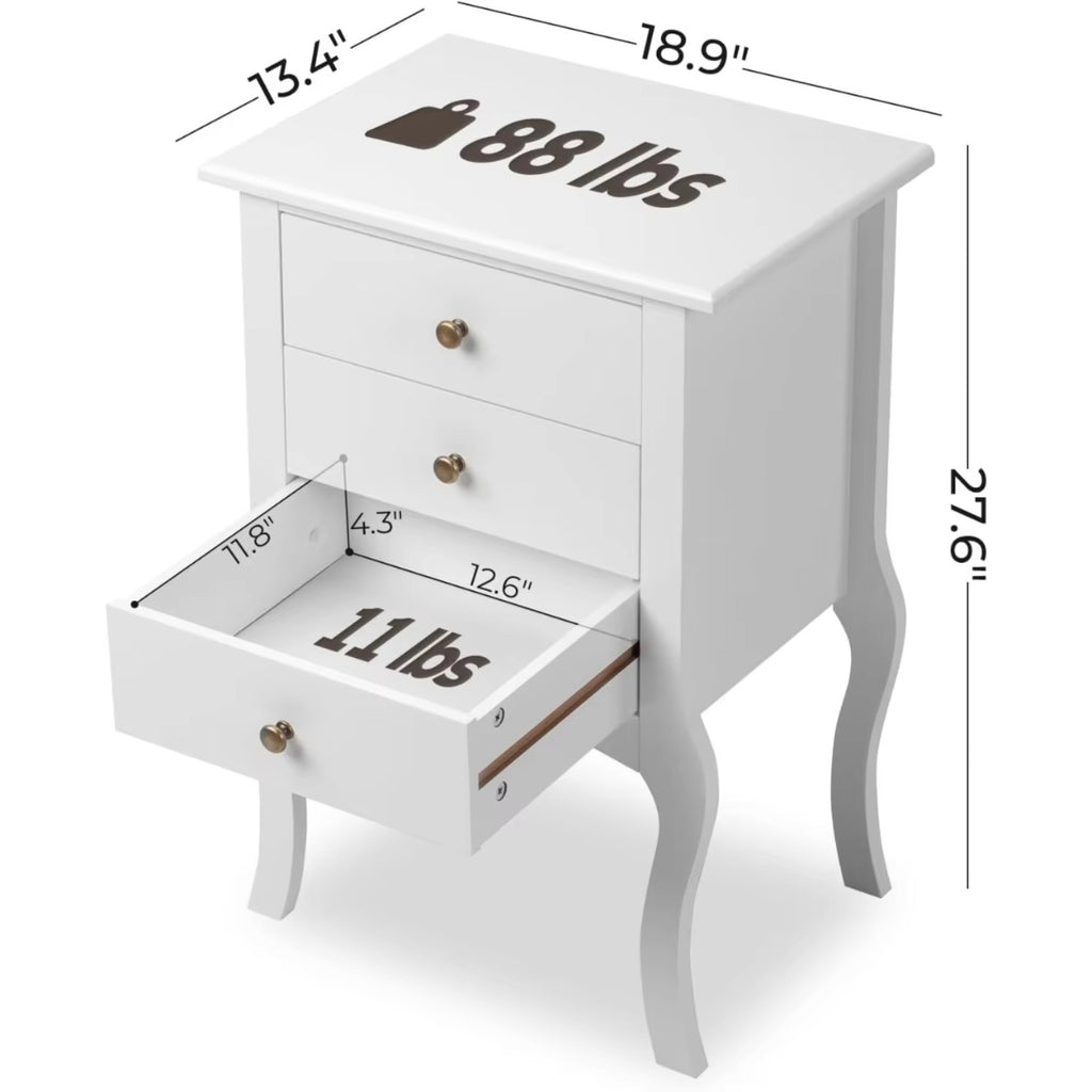 White Nightstand with 3 Drawers, Farmhouse Side Table, Solid Wood Legs, Storage Cabinet for Bedroom Living Room