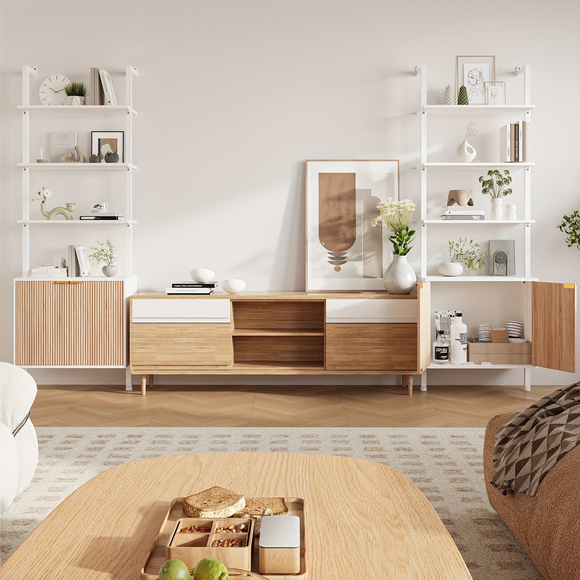 Freestanding Ladder Bookshelf with Doors, 74\