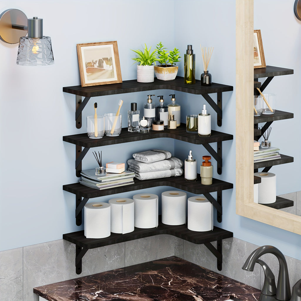 TOMNK 4pcs Wall Mounted Corner Floating Shelves Rustic Wood Plant Display Rack Heavy Duty Space Saving Wall Organizer Hanging Storage Shelf for Bedroom Bathroom Kitchen Living Room Office Home Decor Mother's Day Gift, Floating Shelves