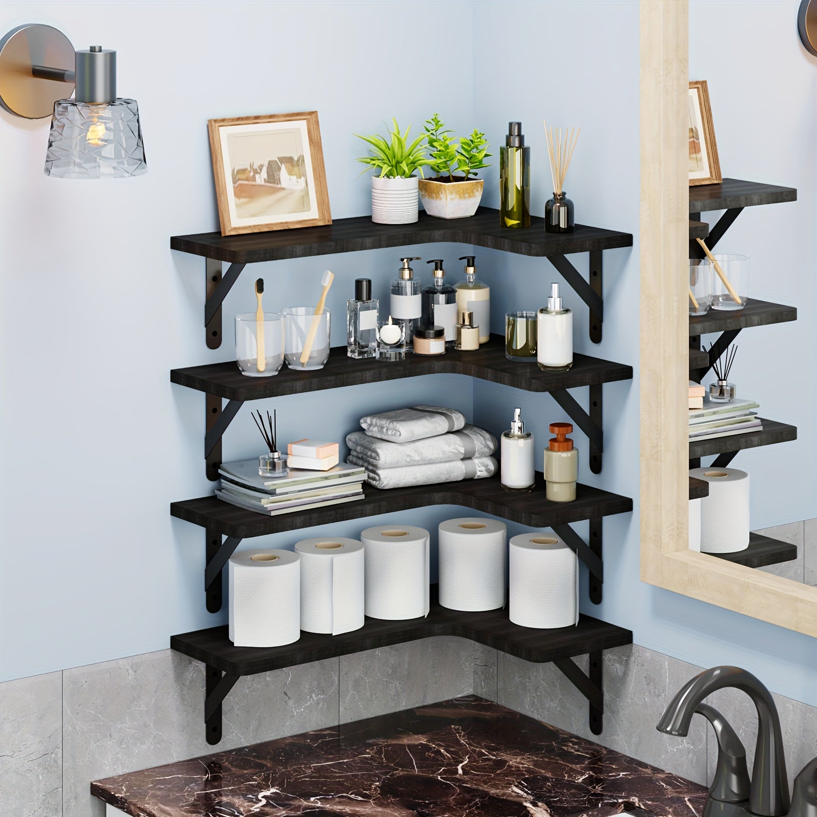 TOMNK 4pcs Wall Mounted Corner Floating Shelves Rustic Wood Plant Display Rack Heavy Duty Space Saving Wall Organizer Hanging Storage Shelf for Bedroom Bathroom Kitchen Living Room Office Home Decor Mother's Day Gift, Floating Shelves