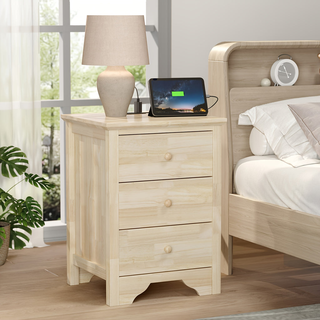 BONNLO Wooden Nightstand with 3 Drawers & Charging Station - DIY Hardwood Bedside Table for Bedroom, 27\