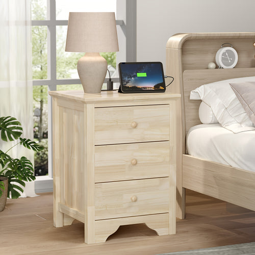 BONNLO Wooden Nightstand with 3 Drawers & Charging Station - DIY Hardwood Bedside Table for Bedroom, 27\