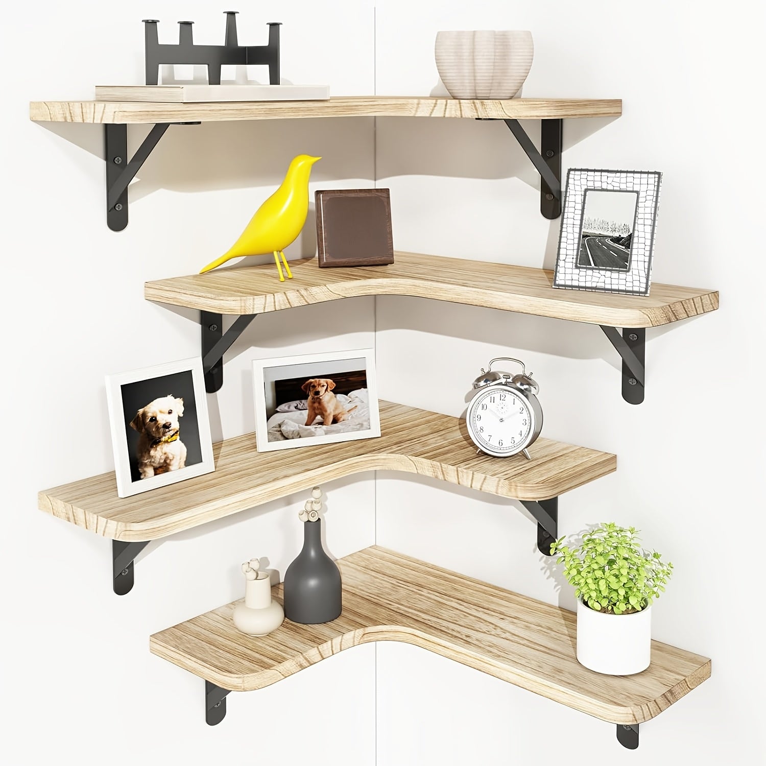 TOMNK 4pcs Wall Mounted Corner Floating Shelves Rustic Wood Plant Display Rack Heavy Duty Space Saving Wall Organizer Hanging Storage Shelf for Bedroom Bathroom Kitchen Living Room Office Home Decor Mother's Day Gift, Floating Shelves