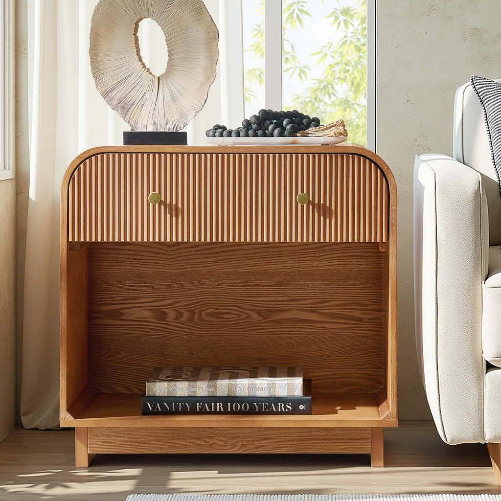Fluted Storage End Table with Charging Station, Modern Wood Side Table with Open Storage Space, Large SideTable with Solid Wood Legs, Easy Assembly