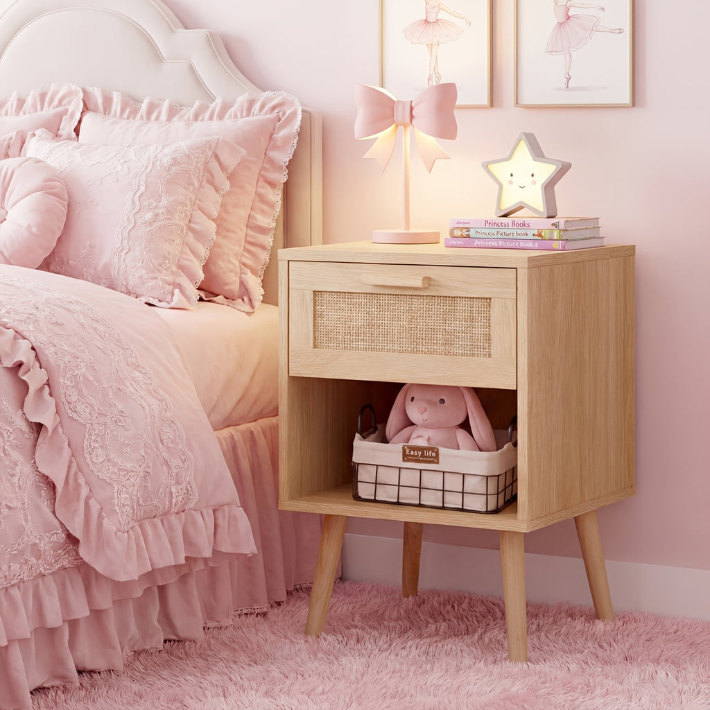 Rattan Nightstand, Natural Wood Bedside Table With 1 Drawer & Solid Wood Legs, Child-Safe Storage Night Stand For Kids Bedroom, Nursery & Playroom