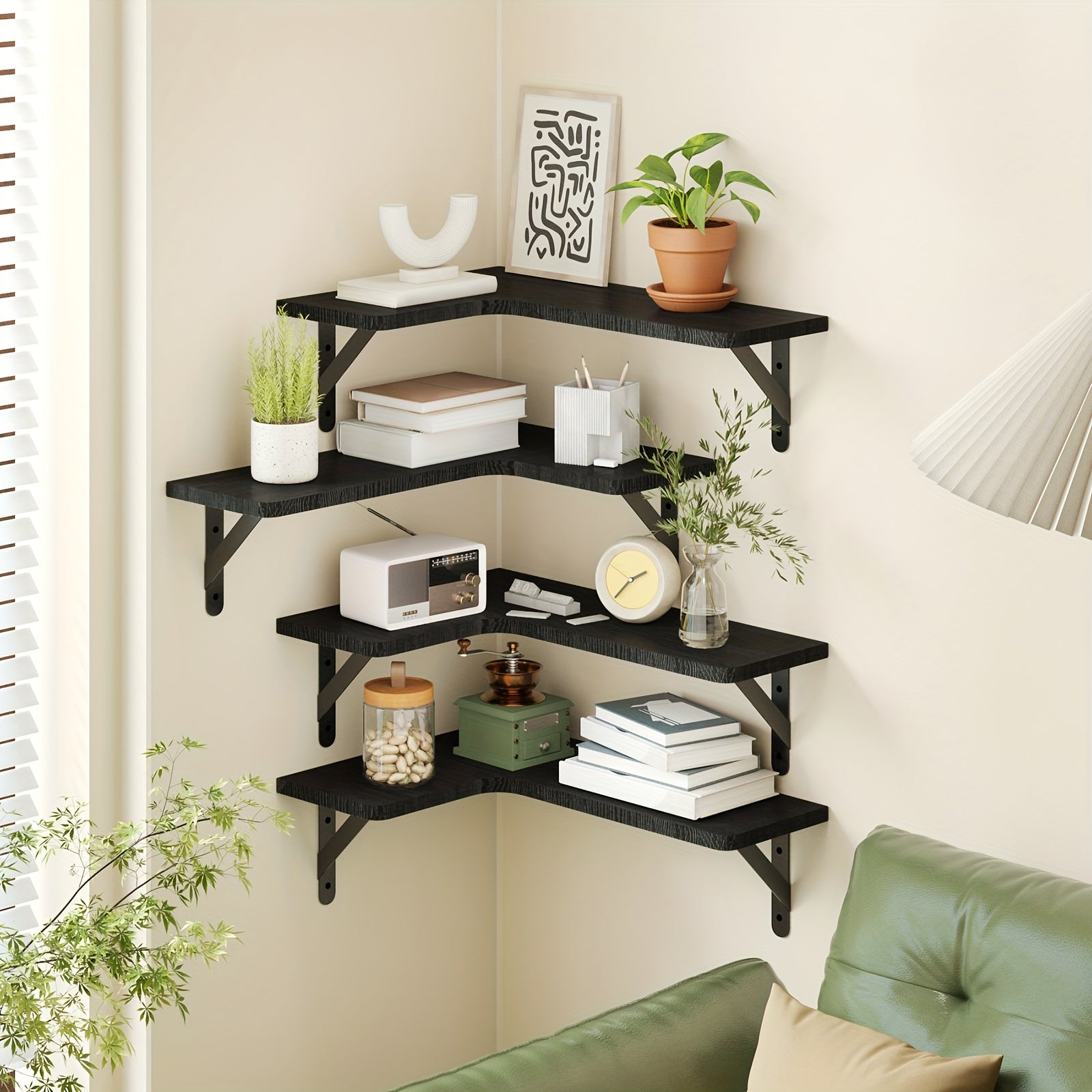 TOMNK 4pcs Wall Mounted Corner Floating Shelves Rustic Wood Plant Display Rack Heavy Duty Space Saving Wall Organizer Hanging Storage Shelf for Bedroom Bathroom Kitchen Living Room Office Home Decor Mother's Day Gift, Floating Shelves