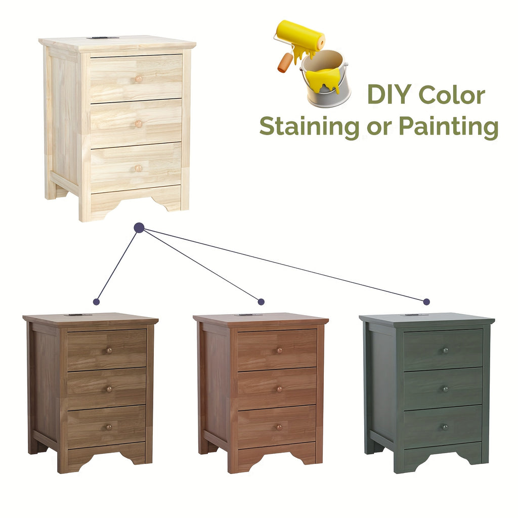 BONNLO Wooden Nightstand with 3 Drawers & Charging Station - DIY Hardwood Bedside Table for Bedroom, 27\