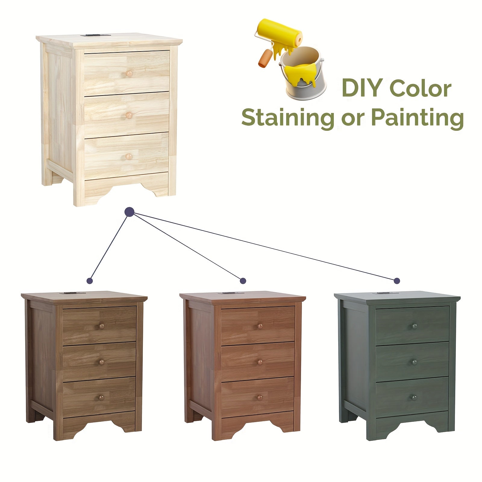 BONNLO Wooden Nightstand with 3 Drawers & Charging Station - DIY Hardwood Bedside Table for Bedroom, 27\