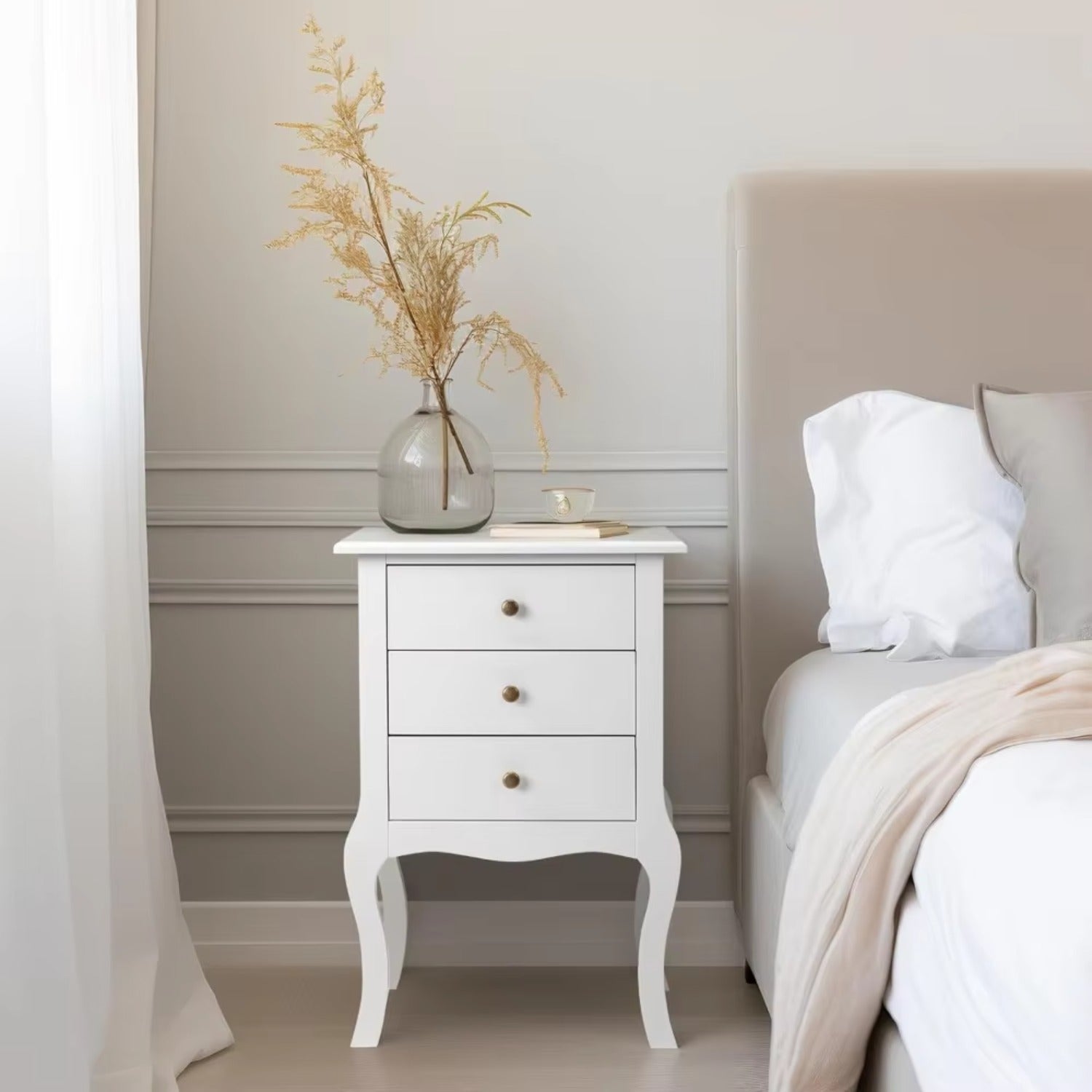 White Nightstand with 3 Drawers, Farmhouse Side Table, Solid Wood Legs, Storage Cabinet for Bedroom Living Room