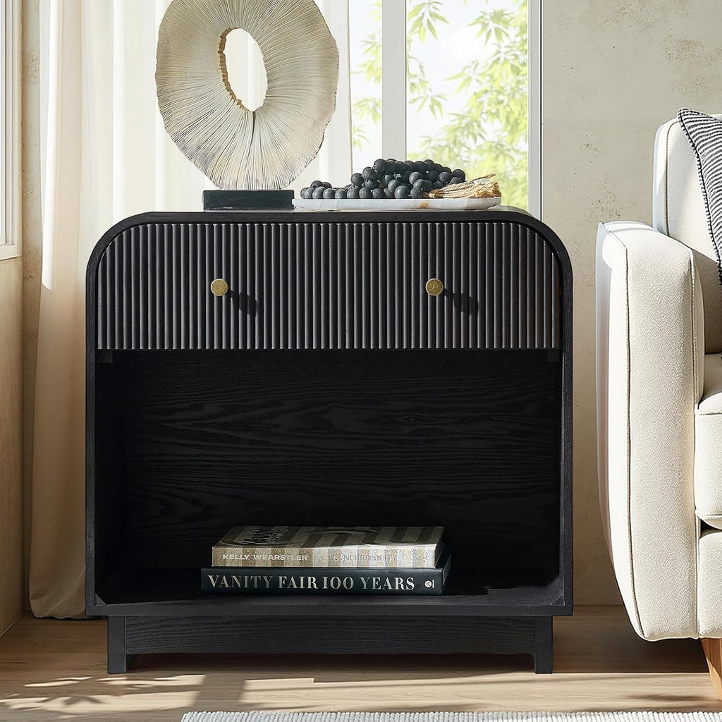 Fluted Storage End Table with Charging Station, Modern Wood Side Table with Open Storage Space, Large SideTable with Solid Wood Legs, Easy Assembly