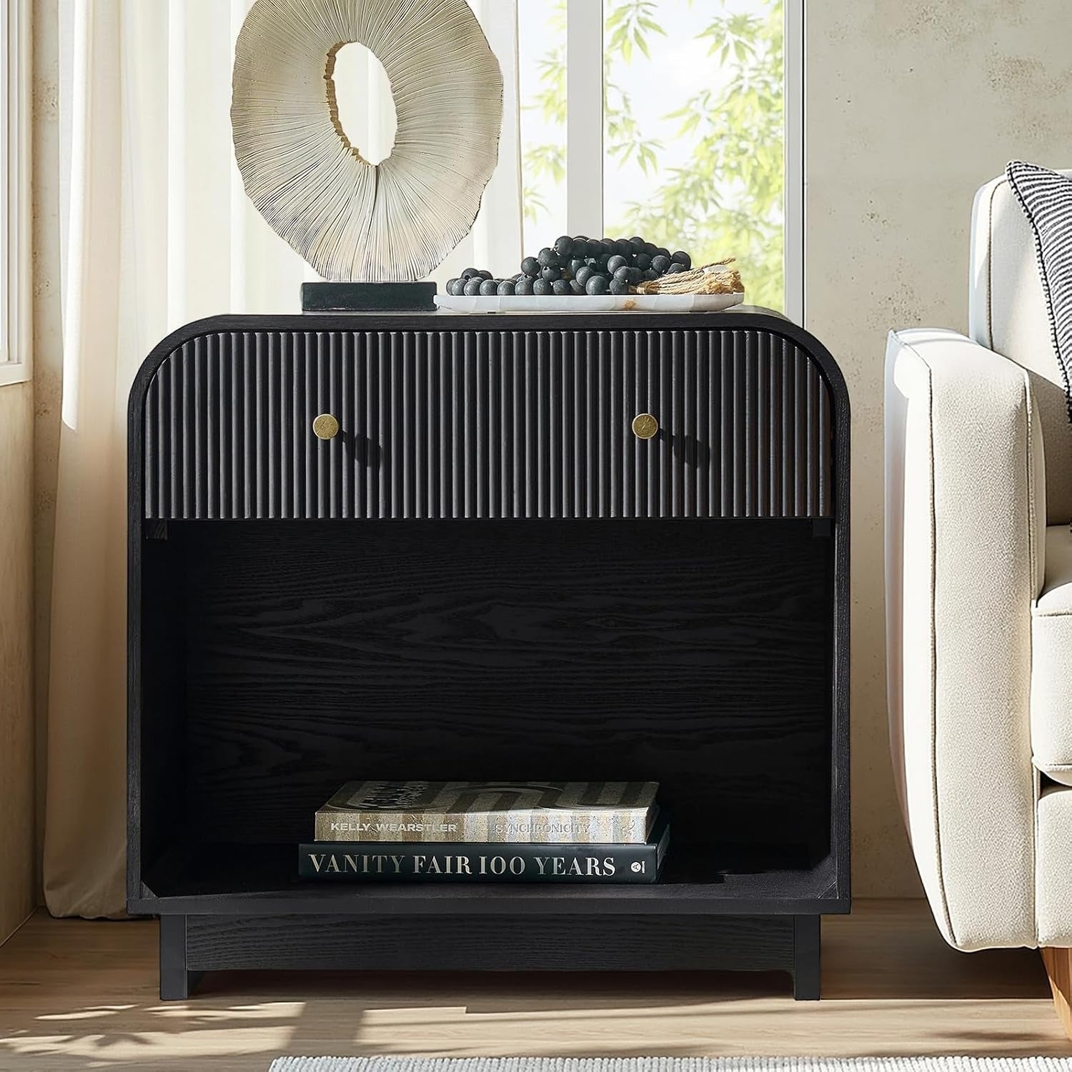 Fluted Storage End Table with Charging Station, Modern Wood Side Table with Open Storage Space, Large SideTable with Solid Wood Legs, Easy Assembly