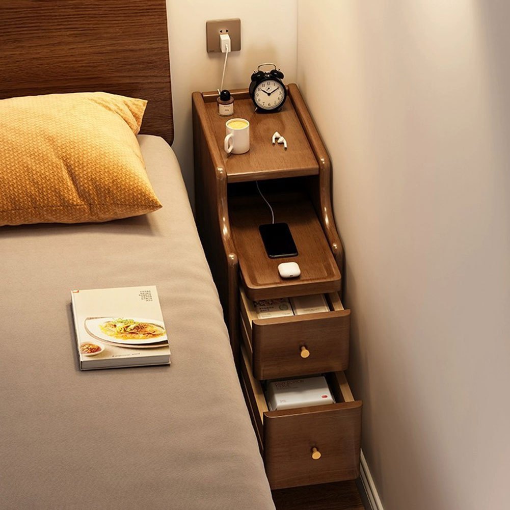 Ultra-Narrow Bedside Table with 2 Drawers | Modern Narrow Nightstand Bedside Storage Small Cabinet for Home Bedroom, Brown Hardwood, Space-Saving Design