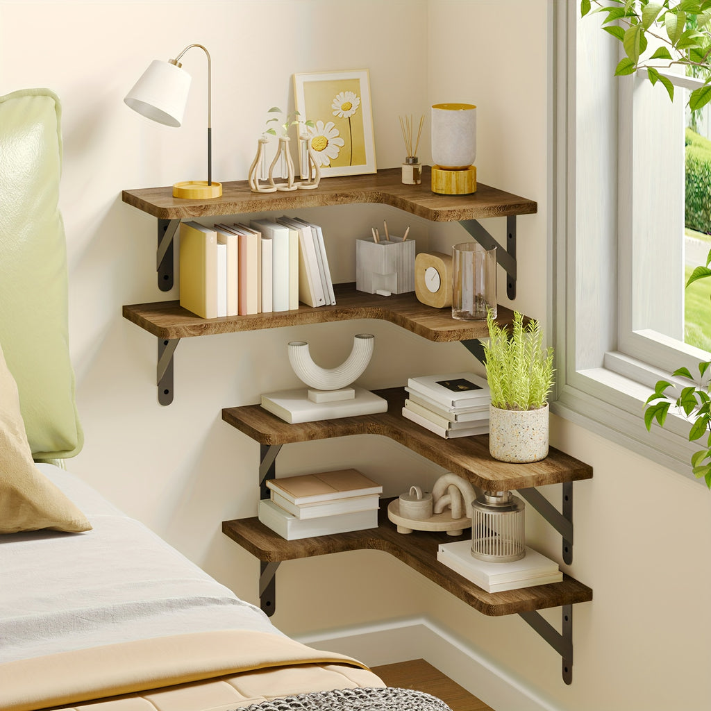 TOMNK 4pcs Wall Mounted Corner Floating Shelves Rustic Wood Plant Display Rack Heavy Duty Space Saving Wall Organizer Hanging Storage Shelf for Bedroom Bathroom Kitchen Living Room Office Home Decor Mother's Day Gift, Floating Shelves