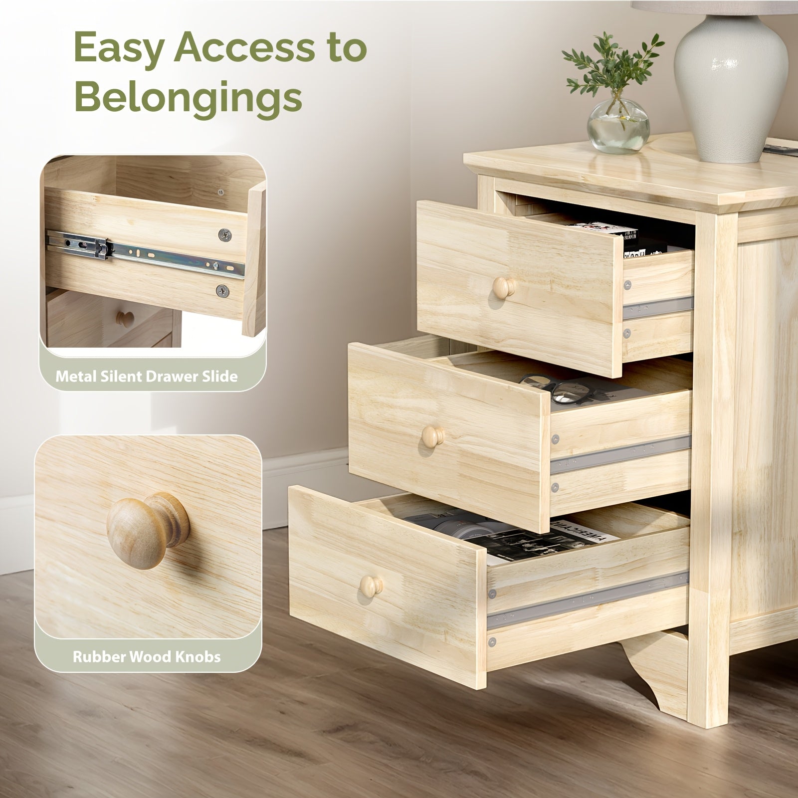 BONNLO Wooden Nightstand with 3 Drawers & Charging Station - DIY Hardwood Bedside Table for Bedroom, 27\