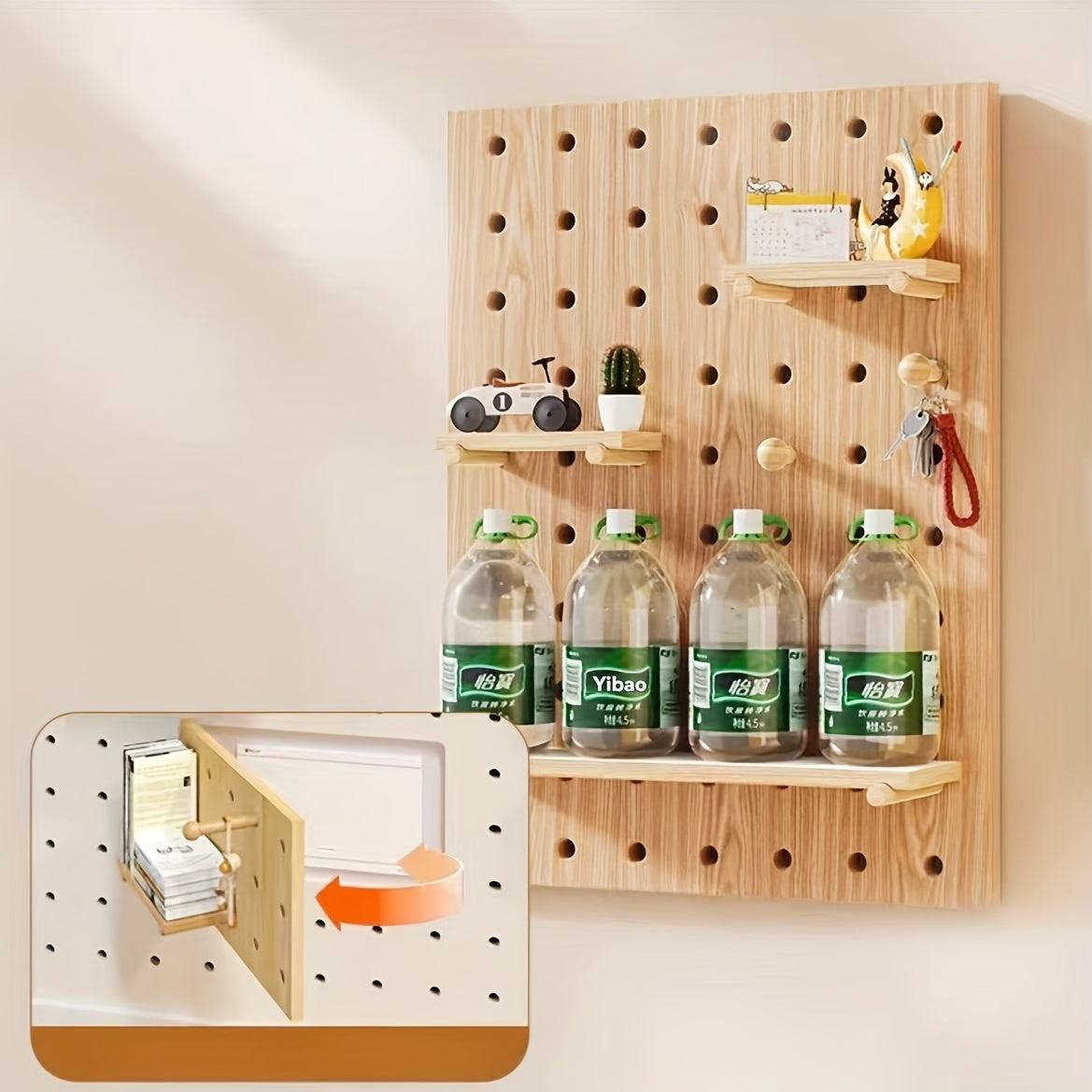 Wall Mounted Storage Rack with Solid Wood Pegboard And Integrated Coat Hooks Wall Mounted Storage Unit for Home Living Room Or Bedroom Display Wooden Tabletop Wall Mounted Desk Storage Entryway Storage Wall Mounted, Floating Shelves