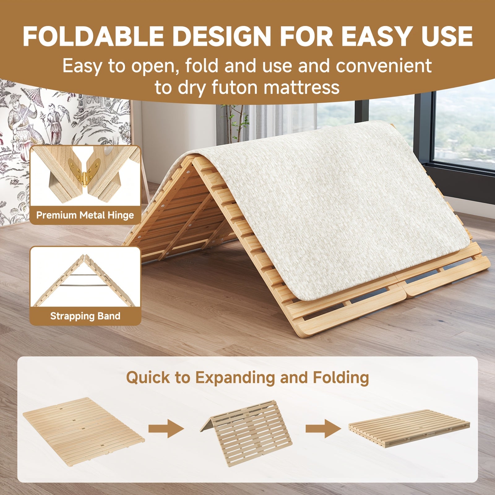 LILYPELLE Japanese Tatami Bed Frame, Foldable Wood Slatted Floor Bed For Futon Mattress, Twin Full Queen King Size