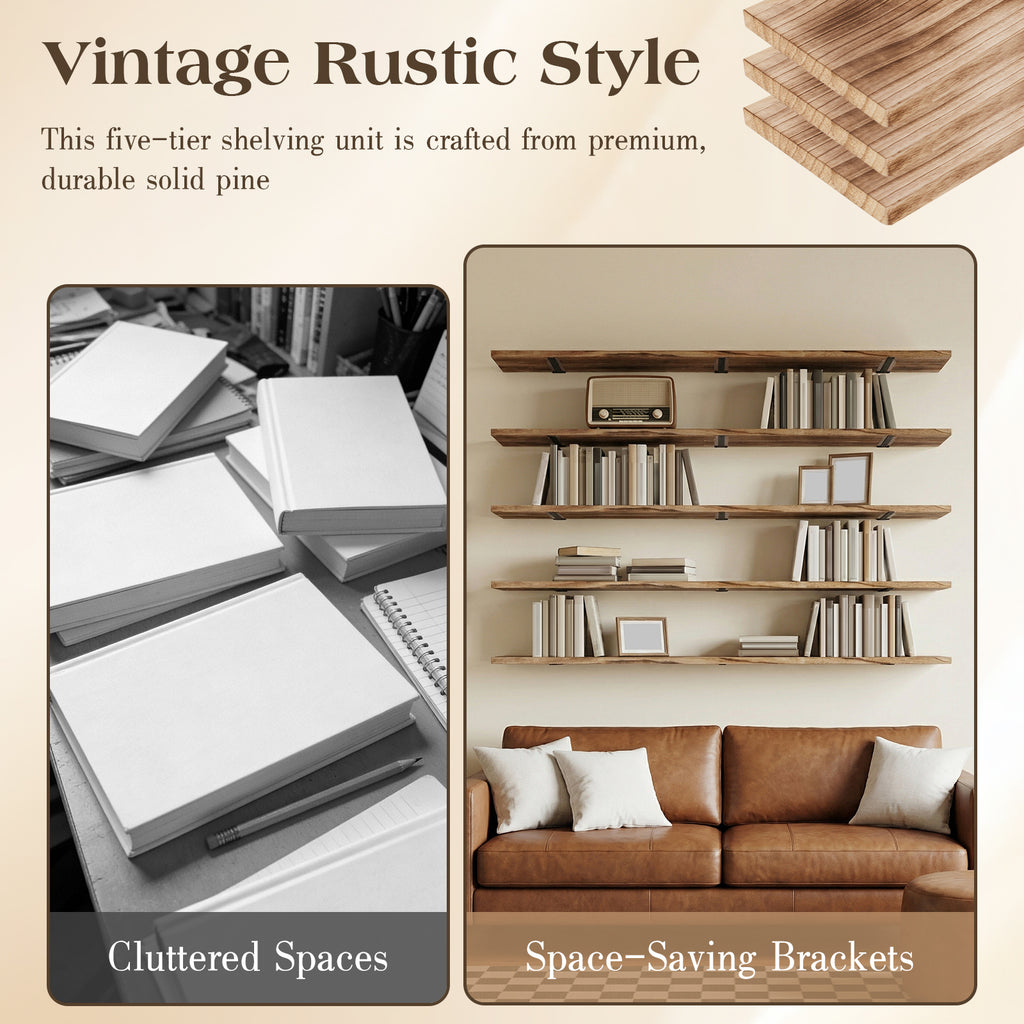 5 Tier Rustic Bookcase Long Shelves 72X11.81Inch Adjustable Display Bookshelf with Metal Bracket for Living Room Kitchen Bathroom Home Storage, Floating Shelves