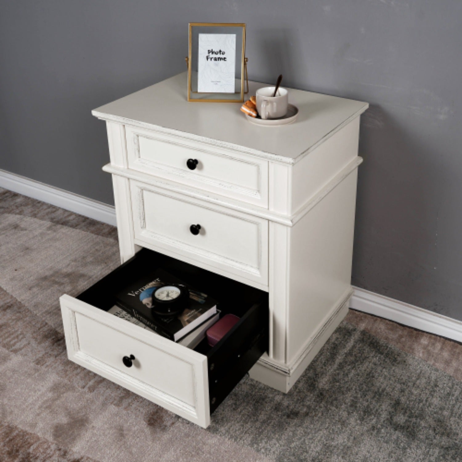 Nightstand End Table Side Table with 3 Drawers Bedside Table for Bedroom White