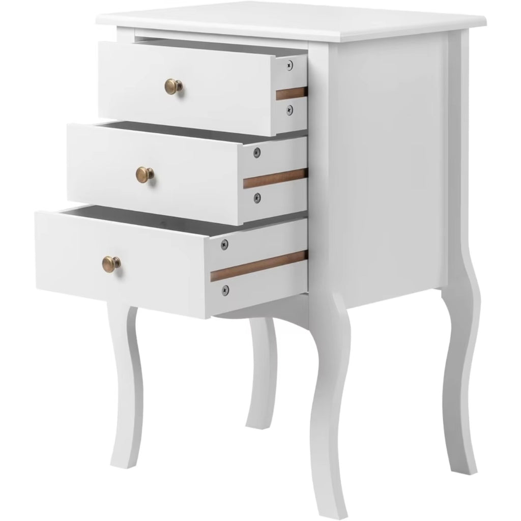 White Nightstand with 3 Drawers, Farmhouse Side Table, Solid Wood Legs, Storage Cabinet for Bedroom Living Room