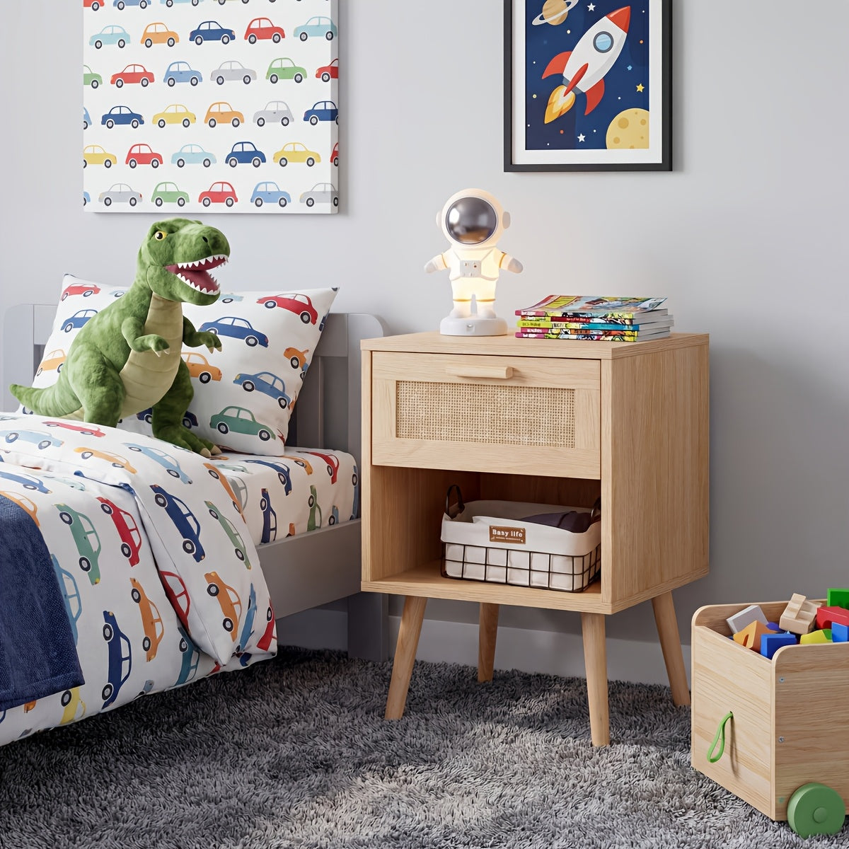 Rattan Nightstand, Natural Wood Bedside Table With 1 Drawer & Solid Wood Legs, Child-Safe Storage Night Stand For Kids Bedroom, Nursery & Playroom