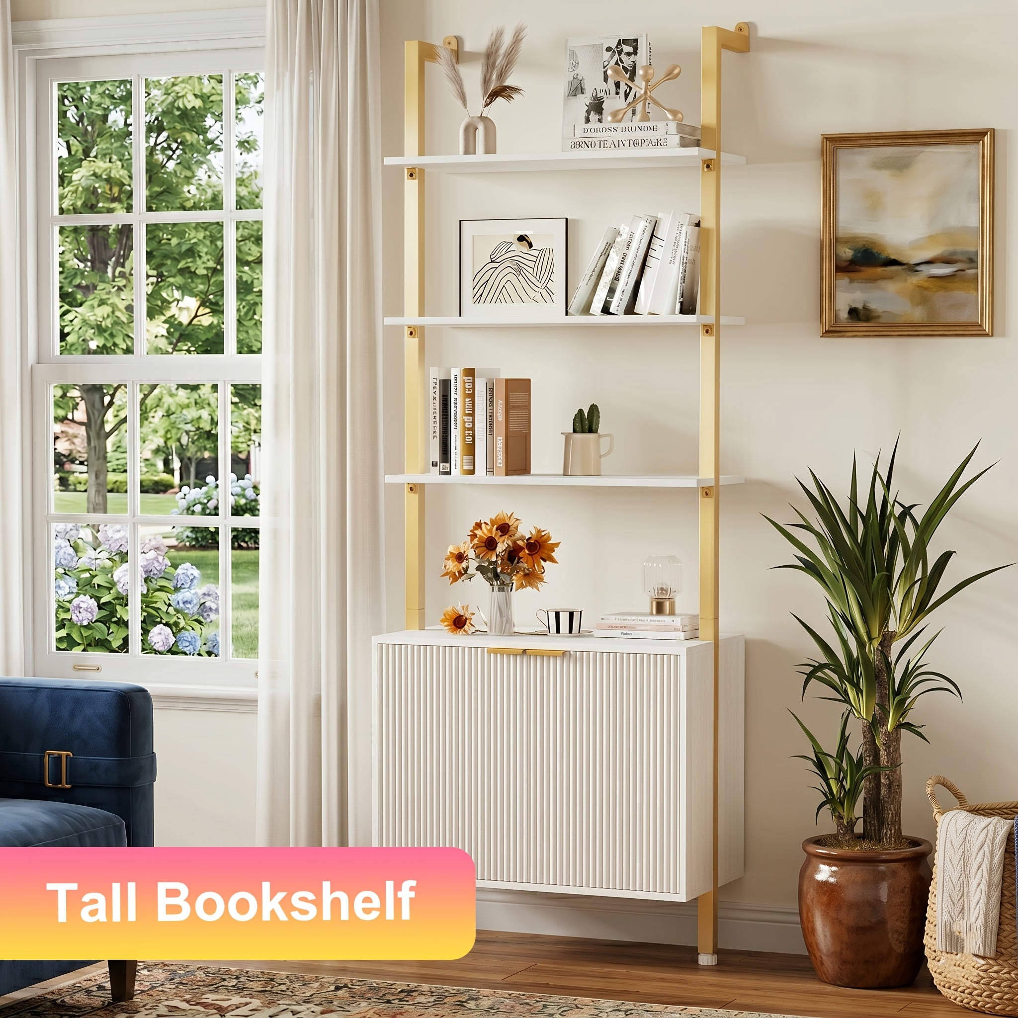 Freestanding Ladder Bookshelf with Doors, 74\
