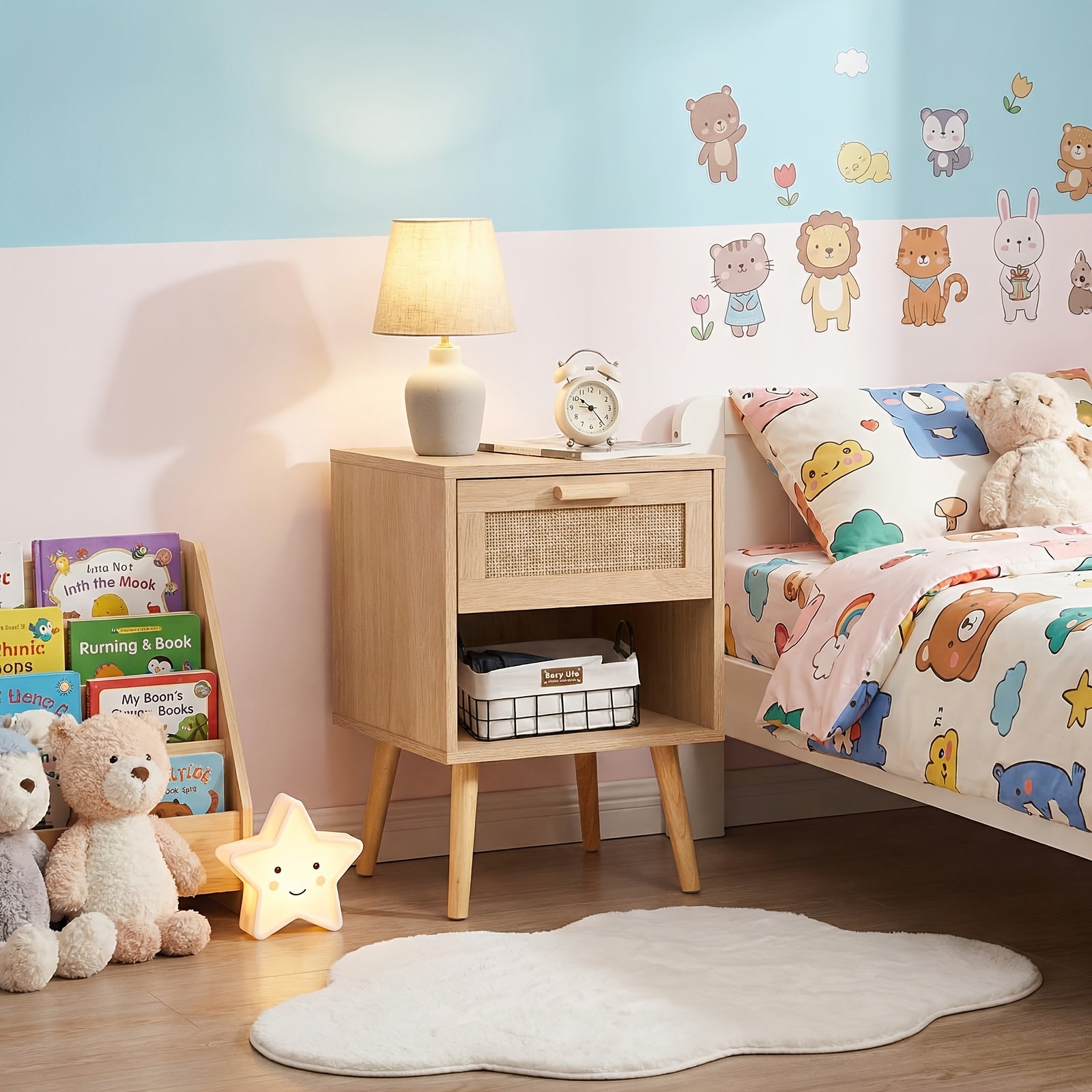 Rattan Nightstand, Natural Wood Bedside Table With 1 Drawer & Solid Wood Legs, Child-Safe Storage Night Stand For Kids Bedroom, Nursery & Playroom