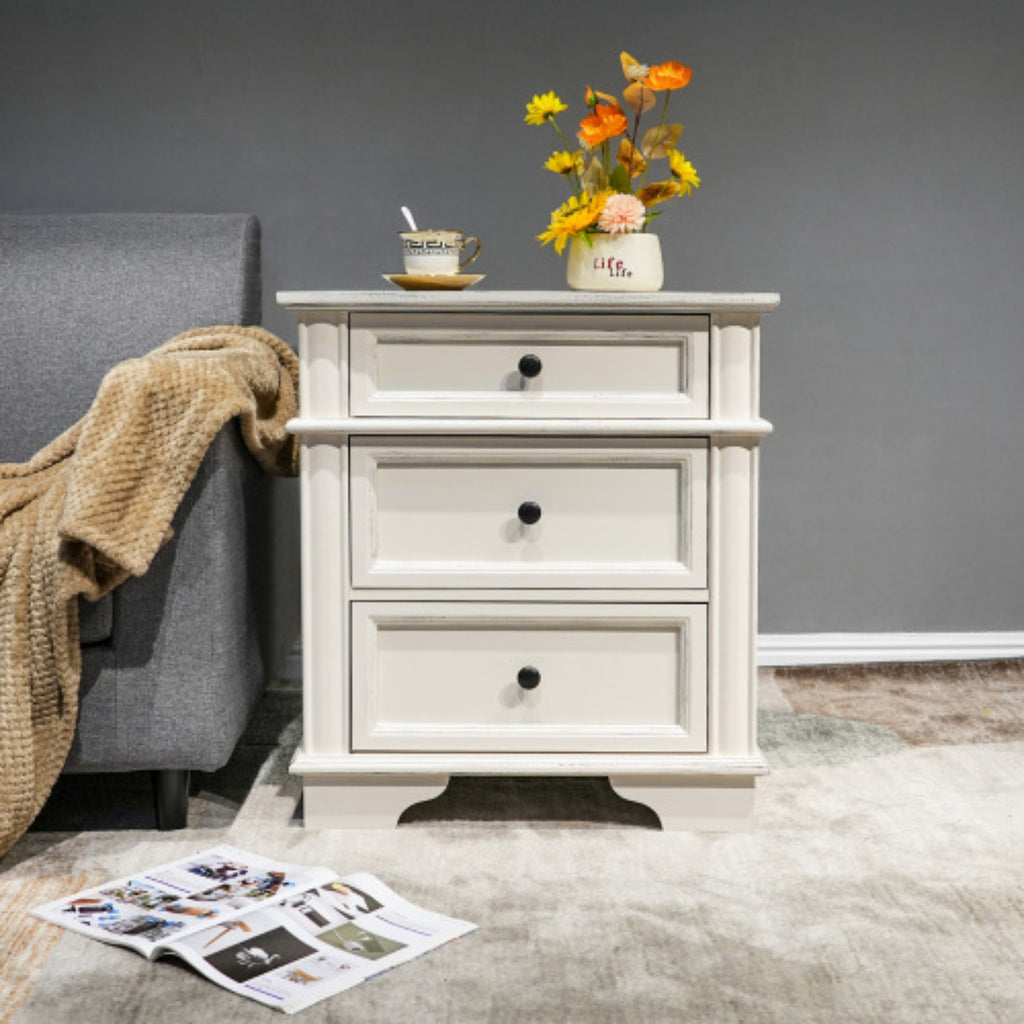 Nightstand End Table Side Table with 3 Drawers Bedside Table for Bedroom White