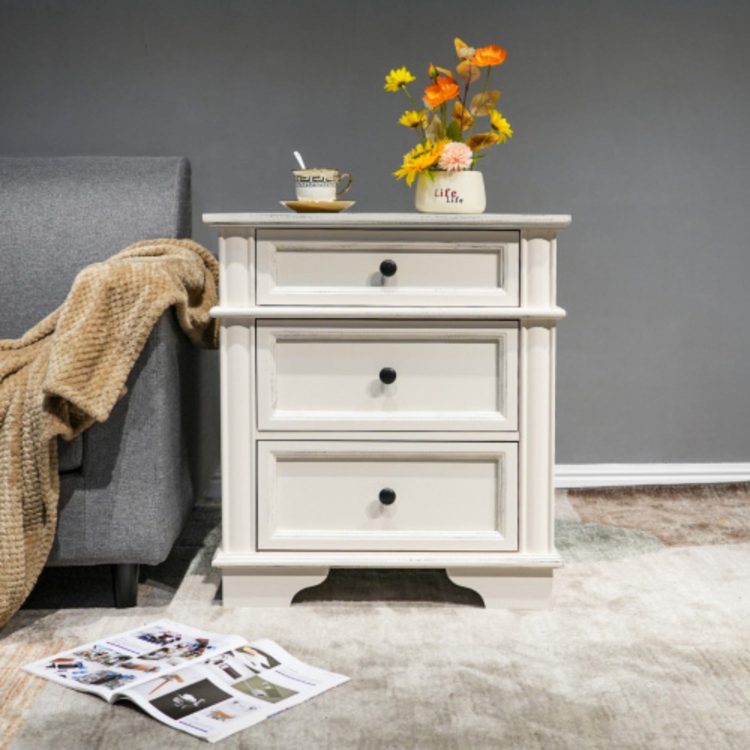 Nightstand End Table Side Table with 3 Drawers Bedside Table for Bedroom White