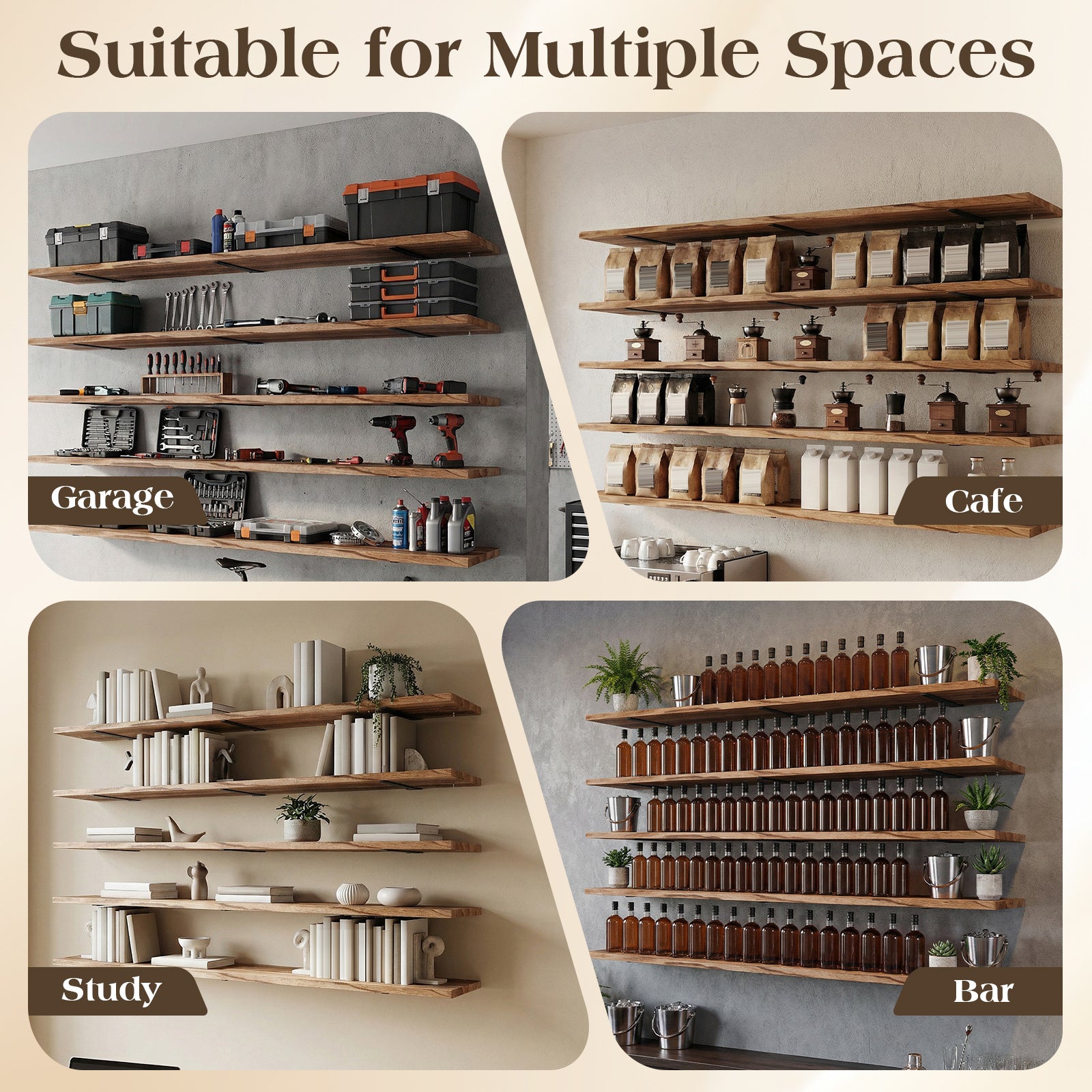 5 Tier Rustic Bookcase Long Shelves 72X11.81Inch Adjustable Display Bookshelf with Metal Bracket for Living Room Kitchen Bathroom Home Storage, Floating Shelves